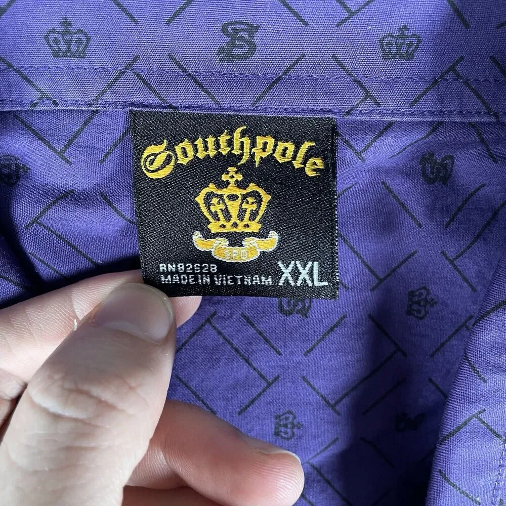 Vintage South Pole Shirt Mens 2XL XXL Purple AOP Print Logos Button Long Sleeve
